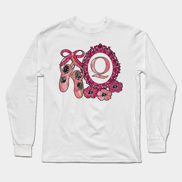 Pink floral ballerina Monogram art Q Long Sleeve T-Shirt by artbyomega